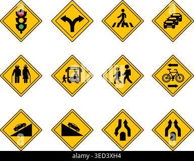 Yellow Diamond Shaped Road Signs. Vector Icons. Traffic Light, Fork, Crosswalk, Traffic Jam, Elderly People, School Bus, Steep Descent, and More Stock Vector