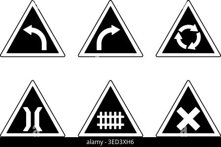 Black Prohibitory Triangle Road Signs. Vector Icons. Left and Right Turn, Roundabout, Bridge Ahead, Railway and Intersection Stock Vector