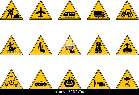 Yellow Triangular Road Signs. Vector Icons. Warning Signs. Road Works, Airport, Train, Heavy Truck. Farm Tractor, CCTV, Surfing, Child and More Stock Vector