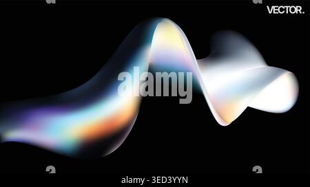 Iridescent Light Wave Ribbon on Black Background - Abstract Futuristic Gradient Design Stock Vector