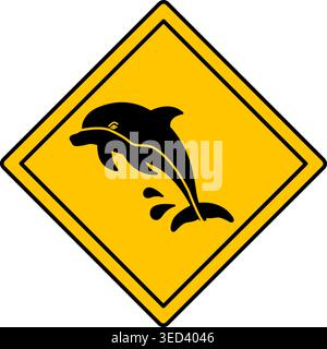 Yellow Road Sign Dolphin. Vector Icon. Fish. Road Sign Warning about Animals. Zoo Sticker Stock Vector
