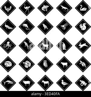 Black Animal Crossing Road Signs. Vector Icons Bat, Ostrich, Shark, Iguana, Swan, Peacock, Dolphin, Eagle, Bee, Squirrel, Octopus, Parrot, and More Stock Vector