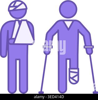 Colored Injury Icon. Vector Illustration. Man with a Broken Arm and Bandaged Head. Man on Crutches with Leg Injury. Gym and Sports Concept Stock Vector