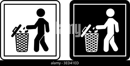 No Littering Icons. Labels for Cardboard Packaging. Man Throwing Trash in Trash Bin. Warning Sign. Illustration on White and Black Background. Stock Vector