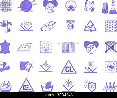 Colored Icons Material Characteristics. Vector Illustrations Textile, Leather, Yarn, Cotton, Silk, Wool, Cashmere, Synthetic Knitted, Bamboo,and More Stock Vector