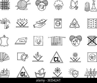 Icons Material Characteristics. Vector Illustrations Textile, Leather, Yarn, Cotton, Silk, Wool, Cashmere, Synthetic Knitted, Bamboo, Waterproof, Brea Stock Vector