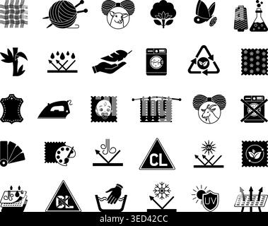 Black Icons Material Characteristics. Vector Illustrations Textile, Leather, Yarn, Cotton, Silk, Wool, Cashmere, Synthetic Knitted, Bamboo, Waterproof Stock Vector