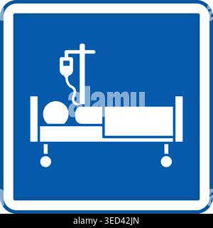 Blue Inpatient Sign. Vector Illustration. Patient Lying Under IV, Treatment of a Sick Person in Hospital. Sign in the Hospital Department Stock Vector