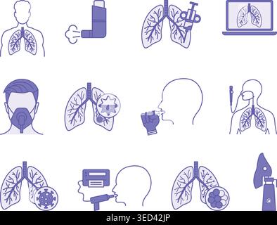 Colored Lung Disease Icon Set. Vector Illustrations Lung, Lung Biopsy, Inhaler, Lung Screening, Oxygen Mask, Nebulizer, Bronchial Asthma, and More Stock Vector