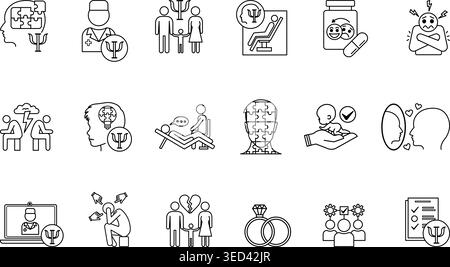 Psychology Icon Set. Vector Illustrations Family Psychology, Psychologist, Divorce, Child Psychology, Marriage, Antidepressants, Adoption, and More Stock Vector