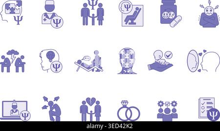 Colored Psychology Icon Set. Vector Illustrations Family Psychology, Psychologist, Divorce, Child Psychology, Marriage, Antidepressants, and More Stock Vector