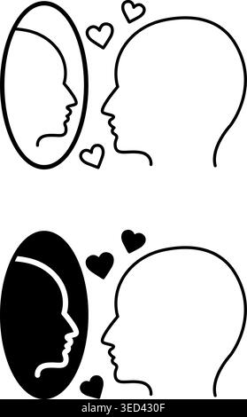 Ego Icons. Black and White Vector Illustration. Man Admiring Himself In The Mirror. Self-Confidence, Narcissism, Mental Health. Concept Psychology Stock Vector