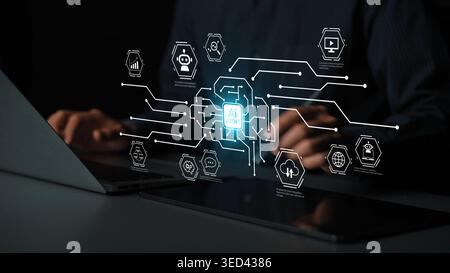 Modern Technology and Artificial Intelligence in Use as Person Engages with Digital Interface Representing AI Tools and Features in Dark Environment Stock Photo