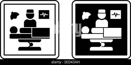 Surgery Signs. Black and White Vector Illustrations. Doctor Standing Near Patient, Surgical Treatment Methods. Warning Sign, Signboard in Hospital Dep Stock Vector