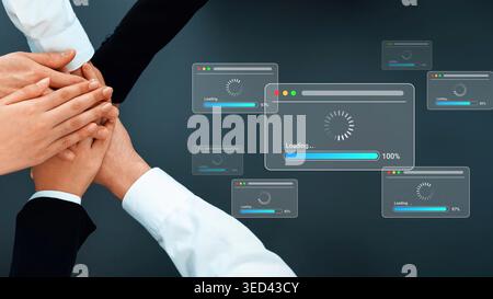 Team Collaboration and Digital Progression Concept with Hands Together and Loading Progress Bars Representing Teamwork and Success in Work Environment Stock Photo