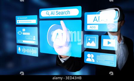 Businessman Interacting with Futuristic AI Technology Screen Displaying Search and Ads Features in a Modern Digital Environment Gluon. Stock Photo