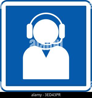 Blue Information Sign. Vector Icon. Person with Headphones and Microphone. Help Desk, Hotline, Patient Assistance. Hospital Department Sign Stock Vector