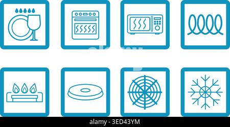 Colored Cookware Signs. Kitchenware Labels. Safe for: Dishwasher, Oven, Microwave, Induction, Gas, Electric, Ceramic, and Freezer Stock Vector
