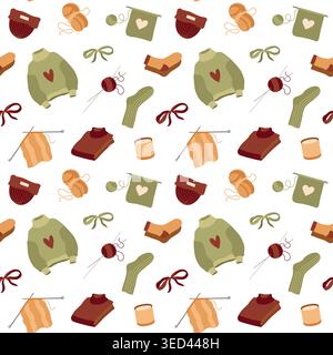 Hand-drawn autumn knitting seamless pattern made of bow, sweater, threads, knitting needles in warm colors for packaging Stock Vector