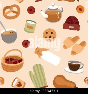Hand-drawn autumn seamless pattern made of cozy elements, fruits, seasonal bakery and tea for seasonal backgrounds, fall projects Stock Vector