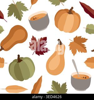 Hand-drawn autumn seamless pattern of pumpkin, pumpkin soup, maple leaves for packaging, seasonal background, special offer Stock Vector