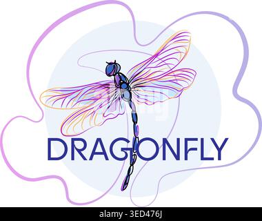 Luxury dragonfly logo with wavy line art style icon design template. Stock Vector