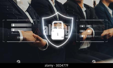 Two businessmen shake hands in a corporate setting, surrounded by digital graphics symbolizing security, partnership, and trust in financial Stock Photo