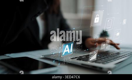Innovative AI Technology Integrated with Digital Interface Enhancing Modern Work Environments for Productivity and Security in Business Operations Stock Photo