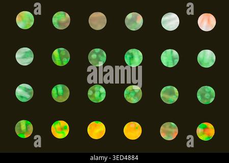 Circle pattern of round samples with green, yellow, peach, blurred textures on dark background. Abstract background with circle collection for design Stock Photo