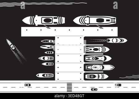 Yachts and boats and cruise ships on a pier in a port – vector illustration Stock Vector