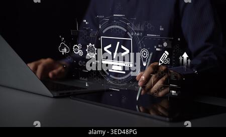 Modern web development concept featuring coding symbols, web development process, web development interface, and web development tools with futuristic Stock Photo