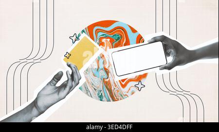 Creative Collage Showcasing Hands Holding Devices With a Colorful Background Stock Photo