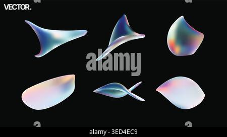 Holographic Iridescent Liquid Shapes 3D Vector Abstract Set on Black Background Stock Vector
