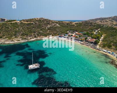 Aerial View of Klimataria Beach with Turquoise Water, Sithonia, Greece Stock Photo