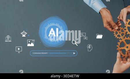 Hands Collaborating on Innovative AI Technology Concepts with Graphical Elements and Command Prompt on a Dark Background Gluon. Stock Photo