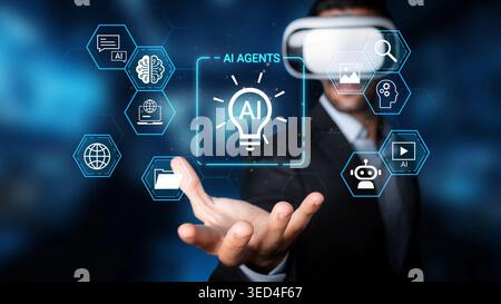 Futuristic Technology Concept with AI Agents and Virtual Reality Interface for Innovative Business Solutions and Digital Transformation Strategies Stock Photo