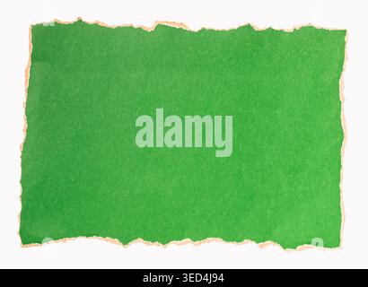 Green paper scrap with rough, frayed edges showing the natural texture of the paper, isolated white background Stock Photo