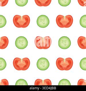 Vector 3d Tomato and Cucumber Seamless Pattern. Fresh Vegetable Slice Repeat Print on White Background. Tomato Halves and Cucumber Slices Food Pattern Stock Vector