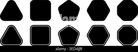 Collection of black geometric figures with rounded corners and inner borders. Triangle and square, pentagon, hexagon and octagon shapes isolated on white background. Vector graphic illustration. Stock Vector