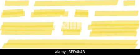 Set of yellow highlight marker underlines. Different transparent hand-drawn pen or brush marks for important text selection isolated on white background. Vector realistic illustration. Stock Vector