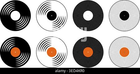 Set of vinyl records. Long play music plates for turntable isolated on white background. DJ discs for nightclub techno party. 70s 80s 90s discotheque nostalgia concept. Vector flat illustration. Stock Vector