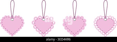 Set of blank pink heart shaped tags with frilly borders, holes and strings isolated on white background. Empty paper price labels, discount offers or gift card mockups. Vector illustration. Stock Vector