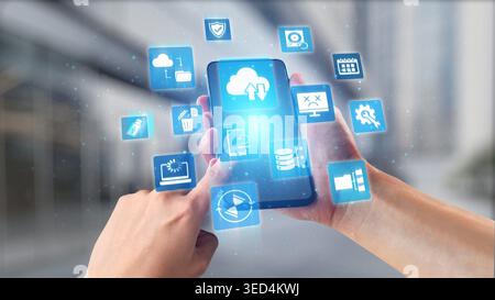 Cloud backup system connects devices through a secure data backup network. Data backup ensures protection, data backup reliability, and recovery. Gist Stock Photo