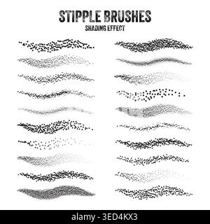 Ink scatter brush, stipple drawing and texturing. Fading gradient. Stippling, dotwork drawing, shading using dots. Halftone disintegration effect Stock Vector