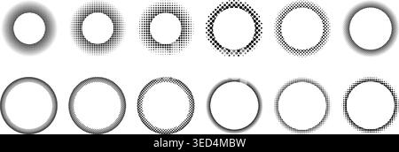 Set of round frames with dotted halftone texture. Circle shapes with polka dot, noise or grain borders isolated on white background. Circular decorative design elements. Vector graphic illustration. Stock Vector