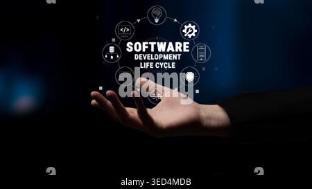 Software Development Life Cycle Concept with Hand Gesture and Iconography Representing Different Stages of Software Development Process Quark. Stock Photo