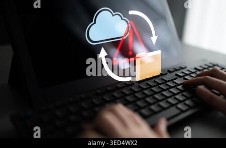 Visual concept of cloud computing and file synchronization with alert symbols illustrates the importance of data security and digital connectivity in Stock Photo