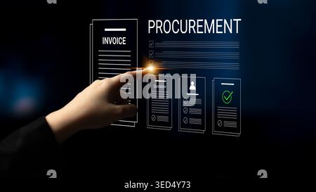 A woman hand engages with digital procurement documents, showcasing invoice and quotation elements in a high-tech business setting. Emphasizes Stock Photo