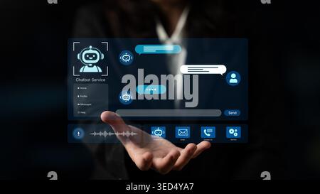 Modern AI chatbot service dashboard featuring 24 7 automated AI support, voice recognition, and omnichannel NLP AI communication. Customer experience Stock Photo