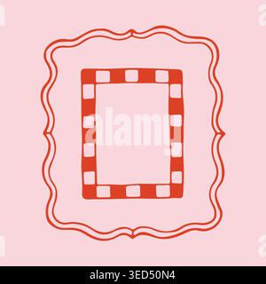 Hand drawn decorative frame with internal checkered border and wavy external line. Minimalist vector doodle border for vintage kitchen labels and Stock Vector